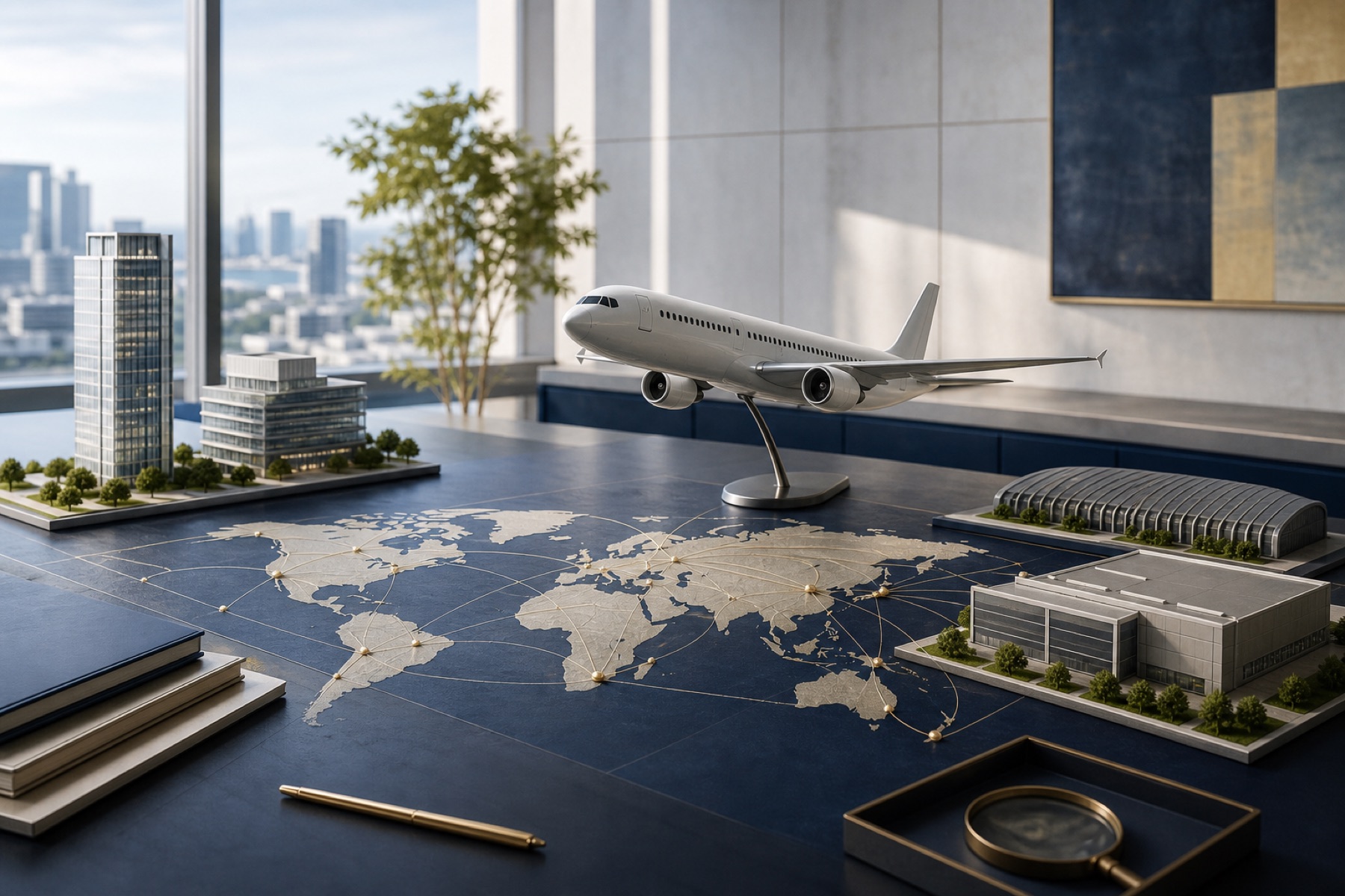 航空機と世界地図、建物模型で表現した総合リース・資産運用